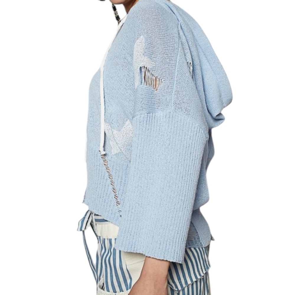 Blue and White Crew Neck Sweater with Lace-Up Detail - Picture 2 of 3